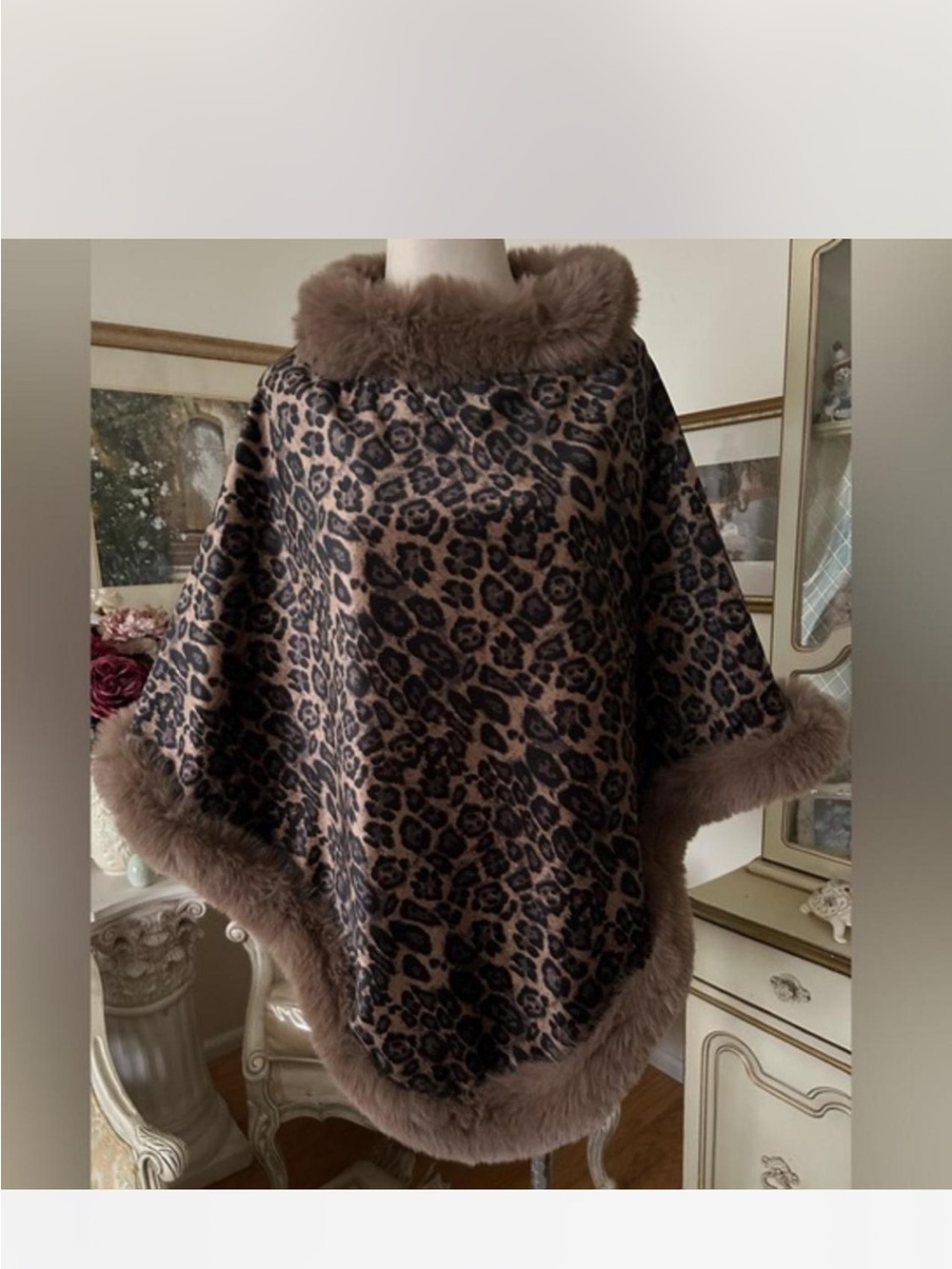 Vince Camuto Faux Fur Hooded Cape in Taupe & Black